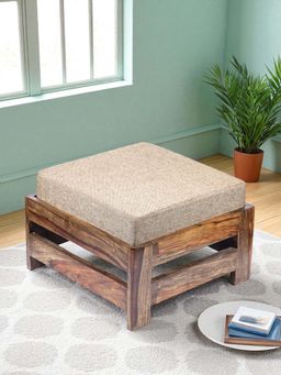 Ikiriya - Amber Sheesham Wood Foot Stool in Teak Finish & Jute Beige fabric Cushion (1 Year Warranty)