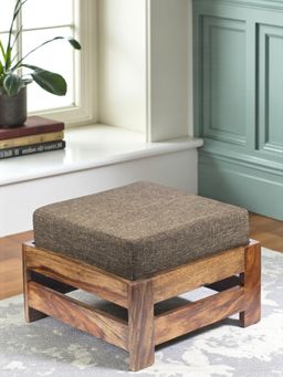 Ikiriya - Amber Sheesham Wood Foot Stool in Teak Finish & Jute Brown fabric Cushion (1 Year Warranty)