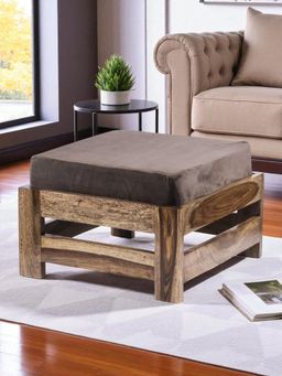 Ikiriya - Amber Sheesham Wood Foot Stool in Teak Finish & Iron Grey Velvet Cushion (1 Year Warranty)