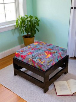 Ikiriya - Amber Sheesham Wood Foot Stool in Dark Brown Finish & Grey Bird Print Kantha fabric Cushion (1 Year Warranty)