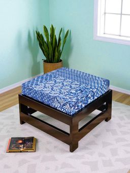 Ikiriya - Amber Sheesham Wood Foot Stool in Dark Brown Finish & Indigo Patch Print fabric Cushion (1 Year Warranty)