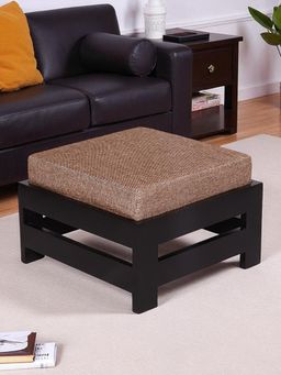 Ikiriya - Amber Sheesham Wood Foot Stool in Dark Brown Finish & Jute Beige fabric Cushion (1 Year Warranty)