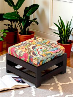 Ikiriya - Amber Sheesham Wood Stool Mahogany Finish & Multi Colour Israel Print Kantha fabric Cushion (1 Year Warranty)