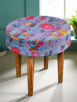 Ikiriya - Nayla Solid Wood Stool in Grey Bird Print Kantha fabric (1 Year Warranty)