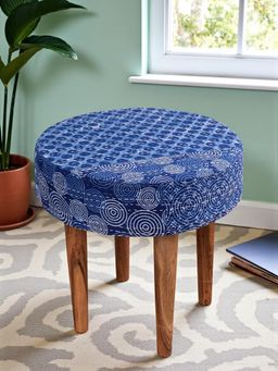 Ikiriya - Nayla Solid Wood Stool in Indigo Patch Print fabric (1 Year Warranty)