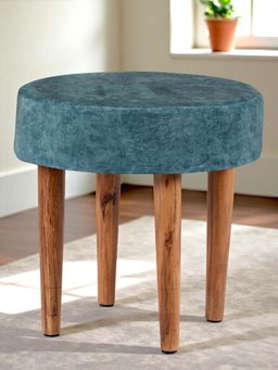 Ikiriya - Nayla Solid Wood Stool in Textured Cyan Blue Jackard fabric (1 Year Warranty)