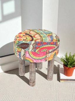 Ikiriya - Kingsville Solid Wood Stool in Multi Colour Israel Print Kantha fabric (1 Year Warranty)