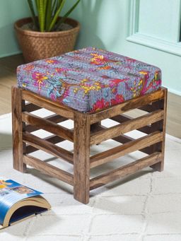 Ikiriya - Houston Sheesham Wood Stool in Teak Finish & Grey Bird Print Kantha fabric Cushion (1 Year Warranty)