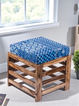 Ikiriya - Houston Sheesham Wood Stool in Teak Finish & Indigo Patch Print fabric Cushion (1 Year Warranty)