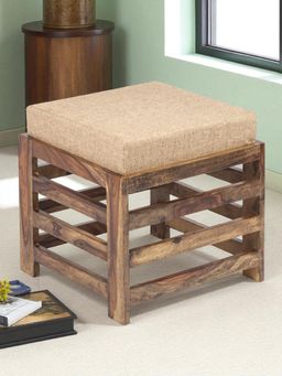 Ikiriya - Houston Sheesham Wood Stool in Teak Finish & Jute Beige fabric Cushion (1 Year Warranty)