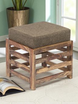 Ikiriya - Houston Sheesham Wood Stool in Teak Finish & Jute Brown fabric Cushion (1 Year Warranty)