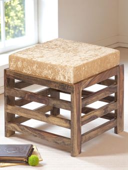 Ikiriya - Houston Sheesham Wood Stool in Teak Finish & Ivory Sparkle Velvet Cushion (1 Year Warranty)