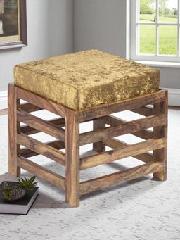 Ikiriya - Houston Sheesham Wood Stool in Teak Finish & Green Sparkle Velvet Cushion (1 Year Warranty)