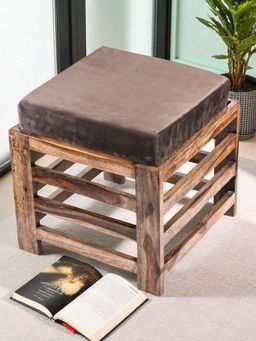 Ikiriya - Houston Sheesham Wood Stool in Teak Finish & Iron Grey Velvet Cushion (1 Year Warranty)