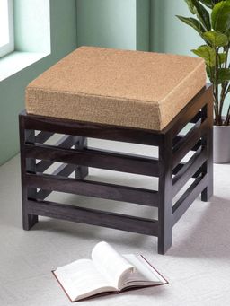 Ikiriya - Houston Sheesham Wood Stool in Dark Brown Finish & Jute Beige fabric Cushion (1 Year Warranty)