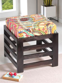 Ikiriya - Houston Stool Mahogany Finish & Multi Colour Israel Print Kantha fabric Cushion (1 Year Warranty)