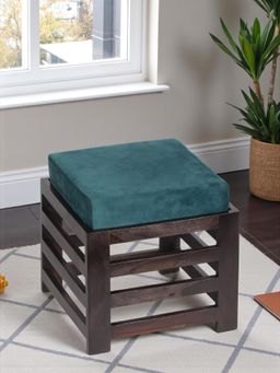 Ikiriya - Houston Sheesham Wood Stool in Mahogany Finish & Turquoise Sea Velvet Cushion (1 Year Warranty)