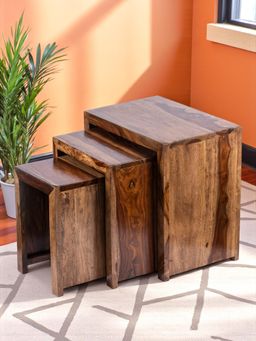 Ikiriya - Oakland Sheesham Wood Set of 3 Nesting Tables in Teak Finish (1 Year Warranty)