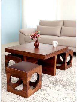 Ikiriya - Nordic Coffee Table with 4 Stools Set Honey Oak Finish & Brown Leatherite fabric (1 Year Warranty)
