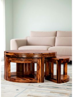 Ikiriya - Queens Sheesham Wood Coffee Table with 4 Stools Set in Provisional Teak Finish (1 Year Warranty)