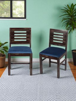 Ikiriya - Rosslyn Sheesham Wood Set of 2 Dining Chairs Mahogany Finish & Navy Blue Velvet Cushion Seat (1 Year Warranty)