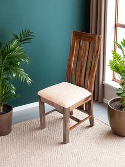 Ikiriya - Columbus Sheesham Wood Dining Chair in Teak Finish & Ivory Sparkle Velvet fabric Upholstery (1 Year Warranty)