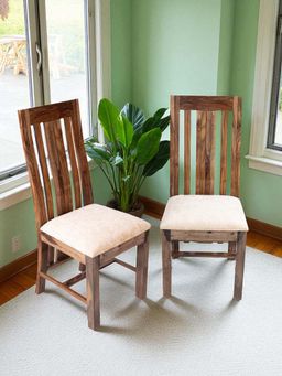 Ikiriya - Columbus Sheesham Wood Set of 2 Dining Chairs Teak Finish & Ivory Sparkle Velvet Cushioning (1 Year Warranty)