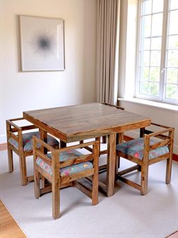 Ikiriya - Kingston 4 Seater Dining Table Set in Teak Finish & Grey Bird Print Kantha Cushioning (1 Year Warranty)
