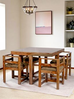 Ikiriya - Kingston 4 Seater Dining Table Set Teak Finish & Green Sparkle Velvet Cushioning (1 Year Warranty)