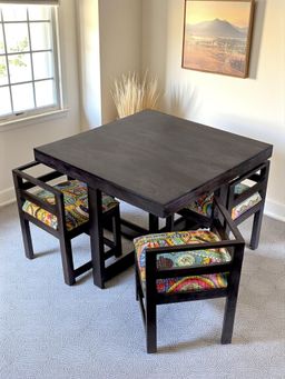 Ikiriya - Kingston 4 Seater Dining Table Set in Mahogany Finish & Israel Print Kantha Cushioning (1 Year Warranty)