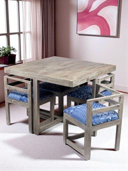 Ikiriya - Kingston 4 Seater Dining Table Set Rustic Grey Finish & Indigo Kantha Cushioning (1 Year Warranty)