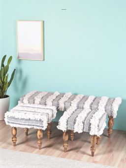 Ikiriya - Cairo Sheesham Accent Bench with Stools Grey Fabric with Fringes Teak Finish (Set Of 3) (1 Year Warranty)