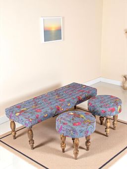 Ikiriya - Cairo Sheesham Mid Century Bench & Stools Grey Brid Print Kantha Teak Finish (Set Of 3) (1 Year Warranty)
