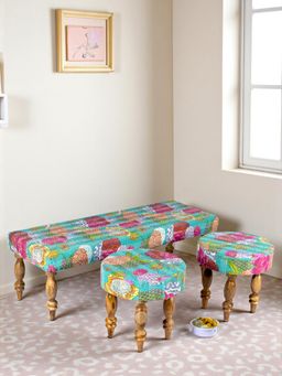 Ikiriya - Cairo Sheesham Bench & Stools Sea Green Fruit Print Kantha Teak Finish (Set Of 3) (1 Year Warranty)