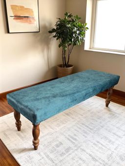 Ikiriya - Cairo Sheesham Wood Accent Bench Blue Jacquard Work Fabric Teak Finish (1 Year Warranty)