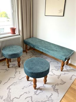 Ikiriya - Cairo Sheesham Accent Bench & Stools Blue Jacquard Work Fabric Teak Finish (Set Of 3) (1 Year Warranty)