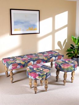 Ikiriya - Cairo Sheesham Mid Century Bench & Stools Fruit Print Blue Kantha Teak Finish (Set Of 3) (1 Year Warranty)