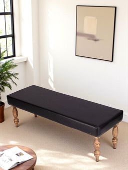 Ikiriya - Cairo Sheesham Wood Accent Bench Black Leatherette Teak Finish (1 Year Warranty)