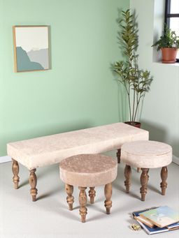 Ikiriya - Cairo Sheesham Wood Accent Bench & Stool Beige Sparkle Velvet Teak Finish (Set Of 3) (1 Year Warranty)