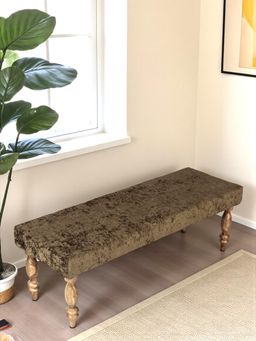 Ikiriya - Cairo Sheesham Wood Accent Bench Green Sparkle Velvet Teak Finish (1 Year Warranty)