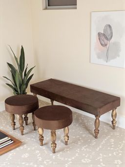 Ikiriya - Cairo Sheesham Wood Accent Bench & Stools Taupe Brown Velvet Teak Finish (Set Of 3) (1 Year Warranty)