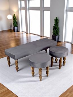 Ikiriya - Cairo Sheesham Wood Accent Bench & Stools Iron Grey Velvet Teak Finish (Set Of 3) (1 Year Warranty)