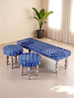 Ikiriya - Cairo Sheesham Wood Bench & Stool Blue Patchwork Kantha Antique Finish (Set Of 3) (1 Year Warranty)