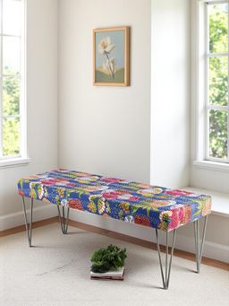 Ikiriya - Belmont Sheesham Wood Mid Century Bench Fruit Print Multi Colour Kantha (1 Year Warranty)