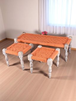 Ikiriya - Hamilton Sheesham Wood Vintage Bench & Stools In Orange Rope Canning (Set Of 3) (1 Year Warranty)