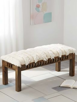 Ikiriya - Milford Sheesham Wood Mid Century Bench Beige Fabric with Fringes Teak Finish (1 Year Warranty)