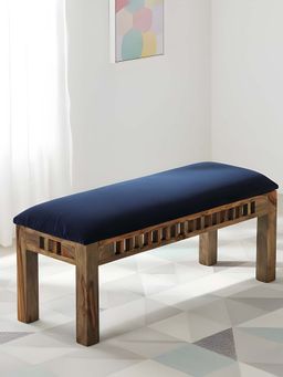 Ikiriya - Milford Sheesham Wood Accent Bench Blue Cotton Velvet Teak Finish (1 Year Warranty)