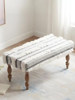 Ikiriya - Best One Sheesham Wood Mid Century Bench Grey Fabric with Fringes Teak Finish (1 Year Warranty)