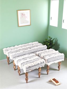 Ikiriya - Sheesham Mid Century Bench & Stools Grey Fabric with Fringes Teak Finish (Set Of 3) (1 Year Warranty)