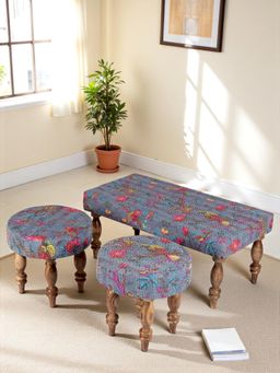Ikiriya - Sheesham Mid Century Bench & Stools Grey Brid Print Kantha Teak Finish (Set Of 3) (1 Year Warranty)